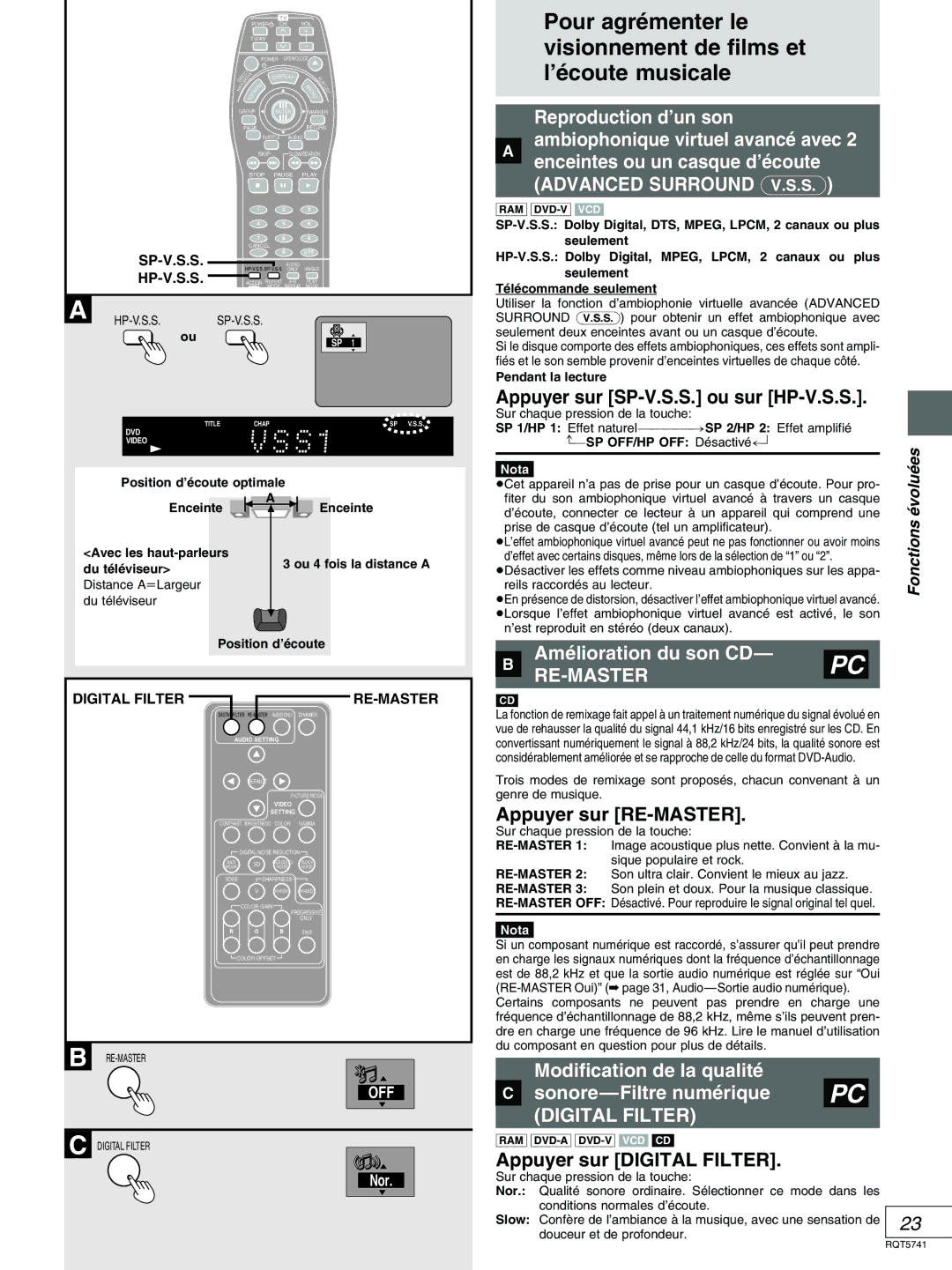 Panasonic DVD-H2000 warranty Reproduction d’un son » ambiophonique virtuel avancé avec, Amélioration du son CD 