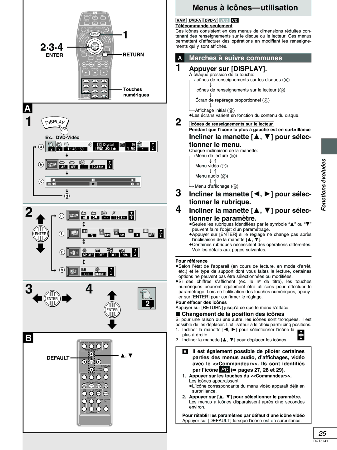 Panasonic DVD-H2000 warranty Menus à icônes-utilisation, »A Marches à suivre communes 1 Appuyer sur Display, Volué ées 