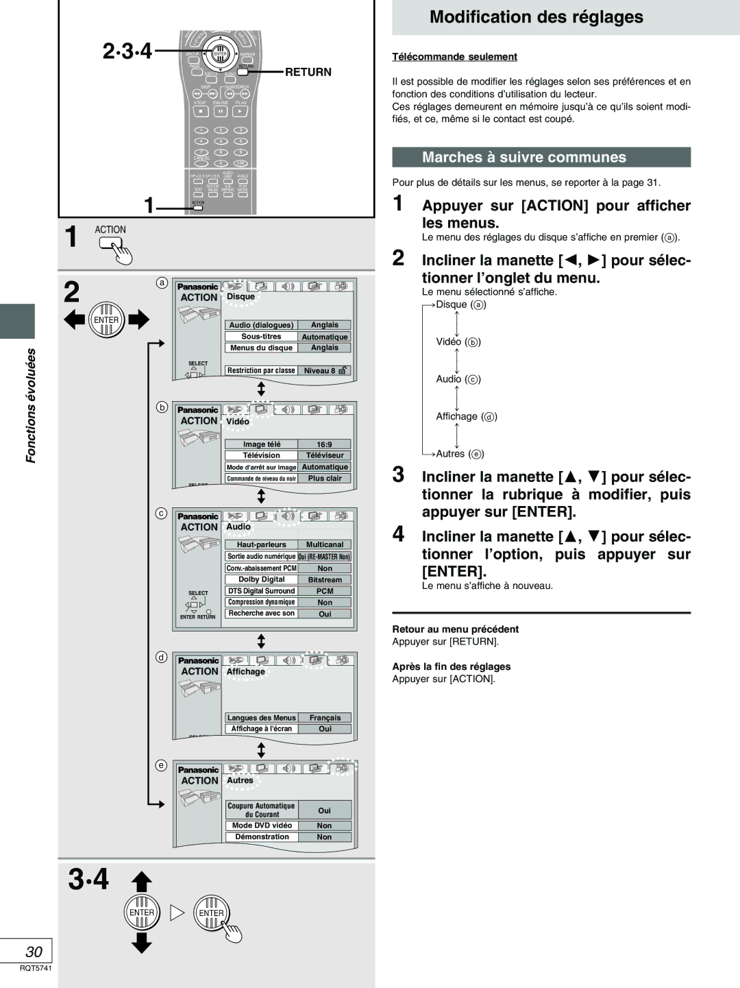 Panasonic DVD-H2000 Modification des réglages, Marches à suivre communes, Appuyer sur Action pour afficher les menus 