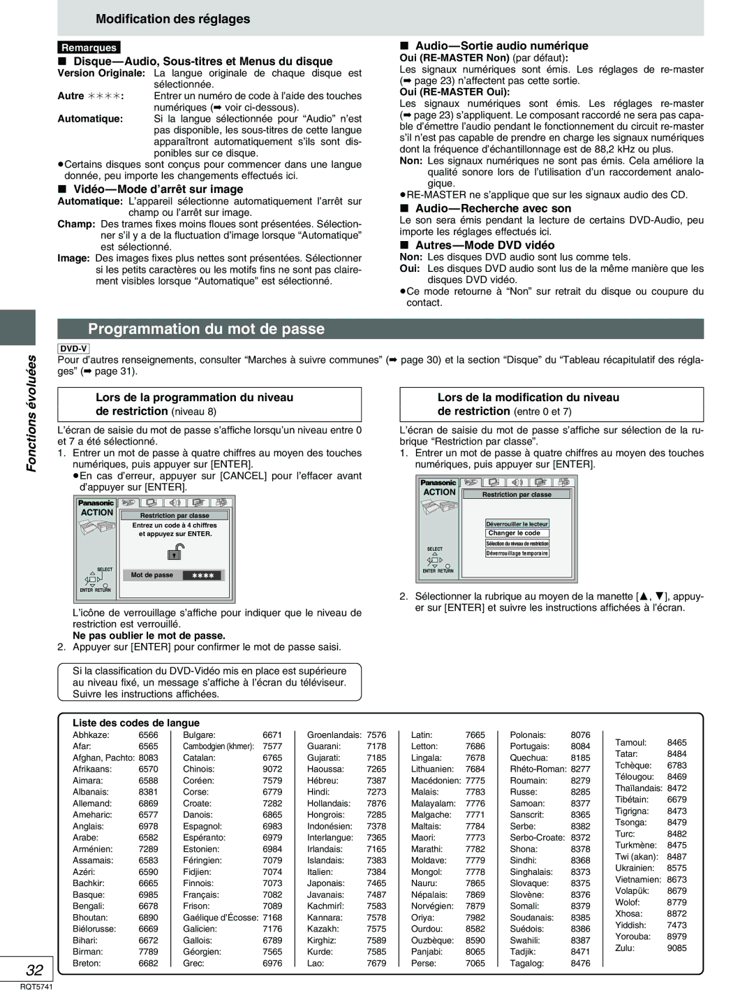 Panasonic DVD-H2000 warranty Programmation du mot de passe, Voluées, Fonctions é 