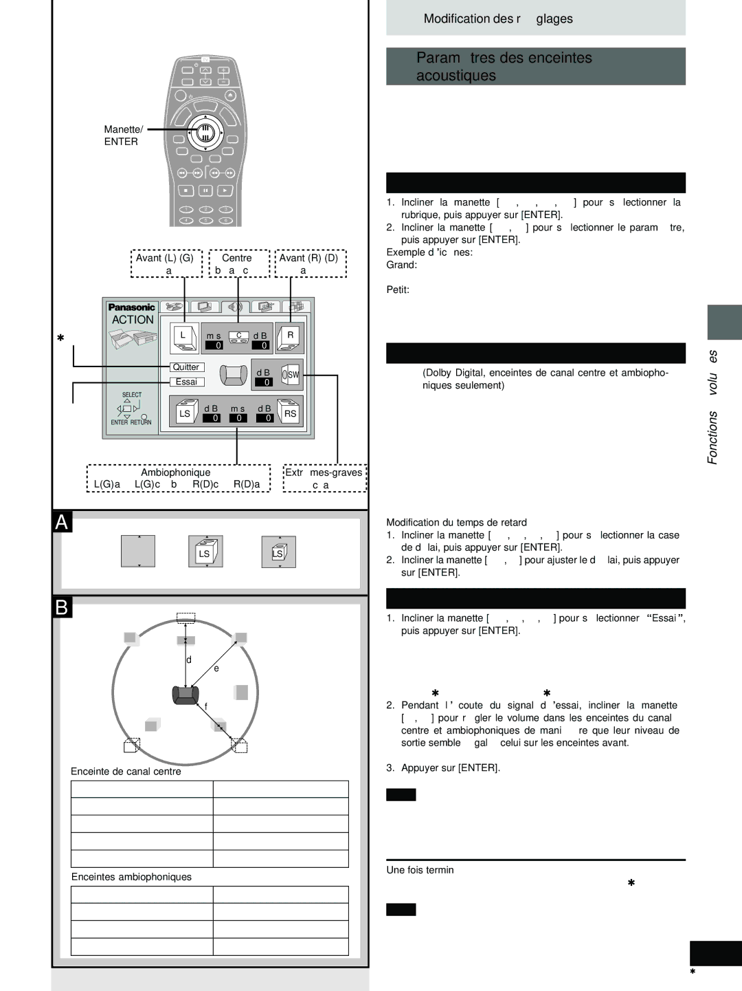 Panasonic DVD-H2000 warranty Paramètres des enceintes Acoustiques, Présence et taille des enceintes =, Temps de retard 