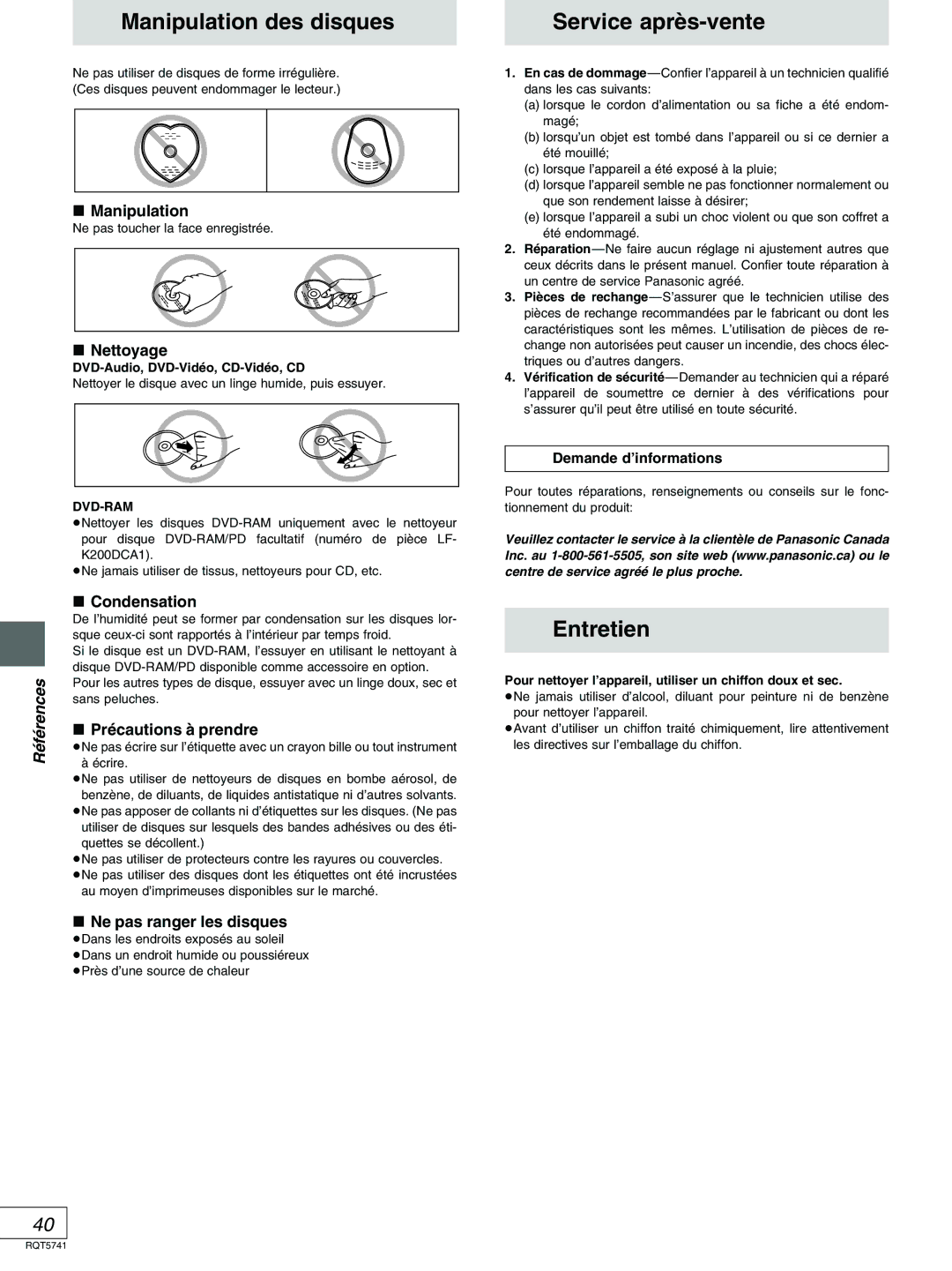 Panasonic DVD-H2000 warranty Manipulation des disques, Service après-vente, Entretien 