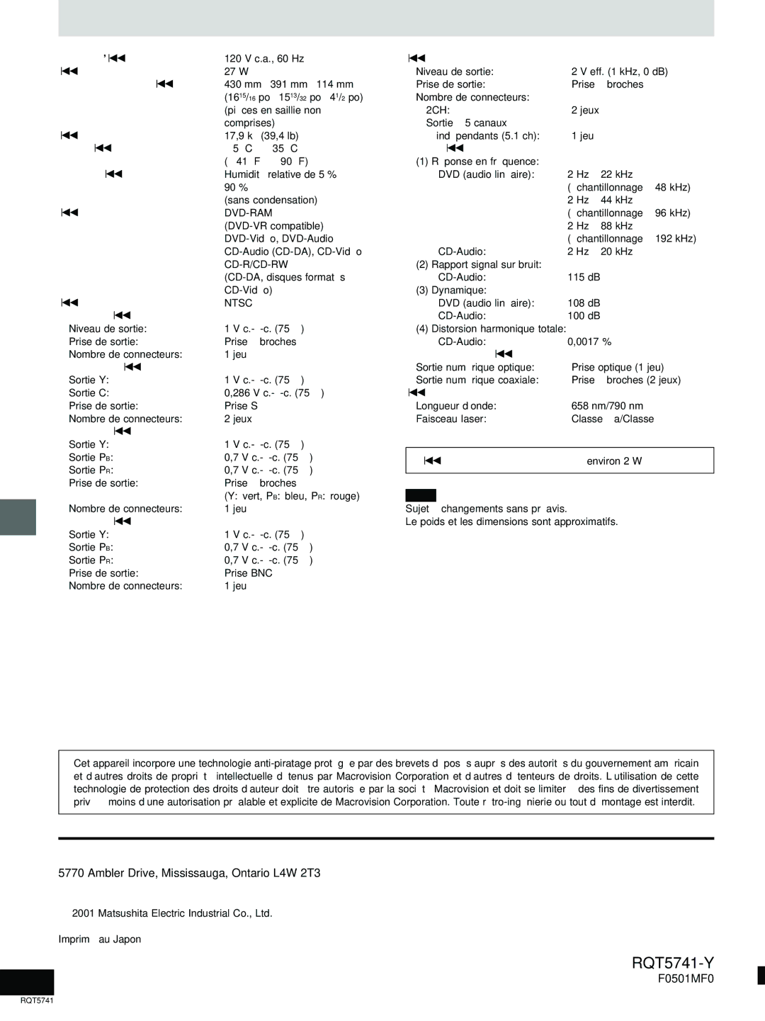 Panasonic DVD-H2000 warranty Spécifications, Panasonic Canada Inc 