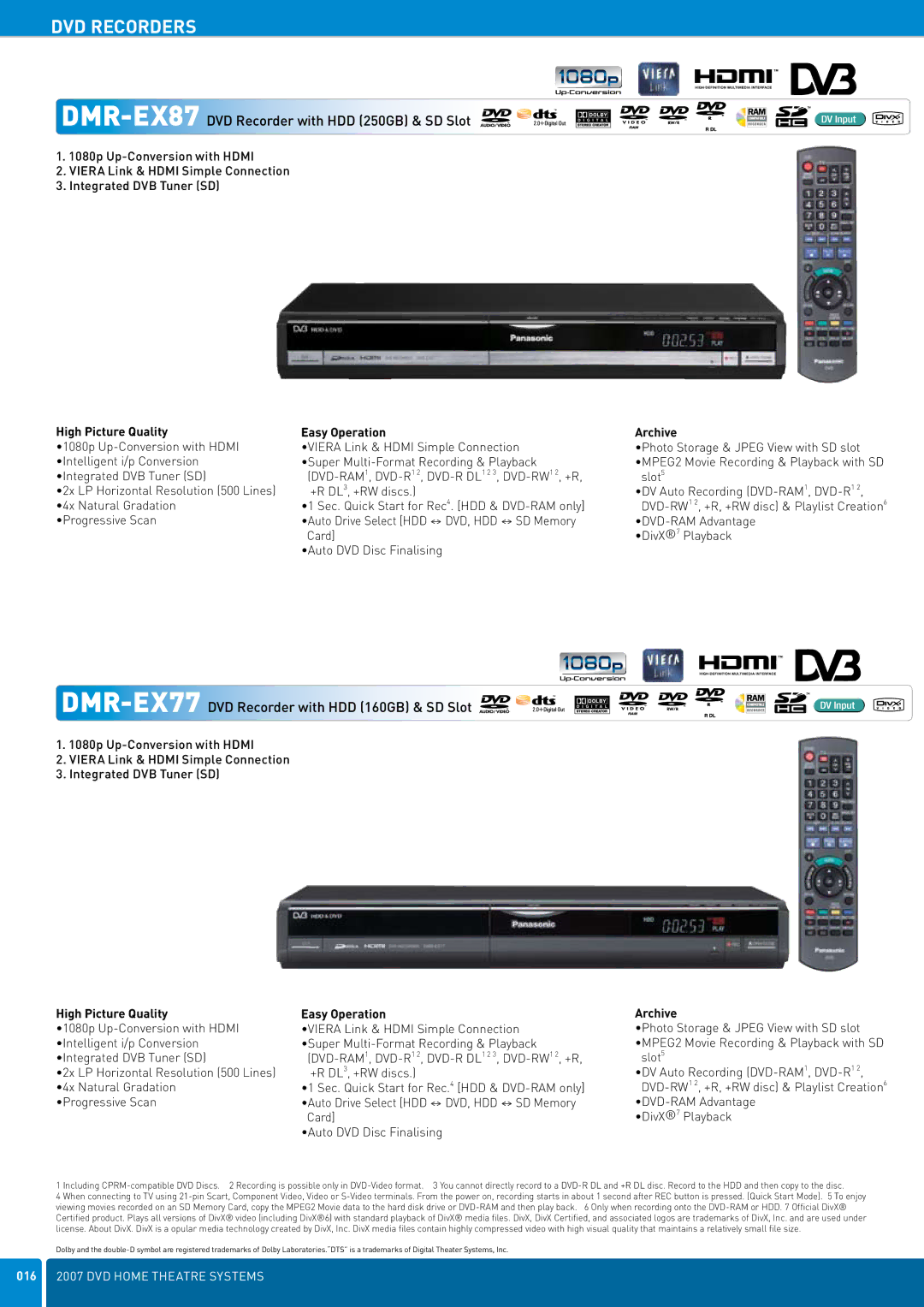 Panasonic DVD Home Theatre System manual High Picture Quality, Easy Operation, Archive 