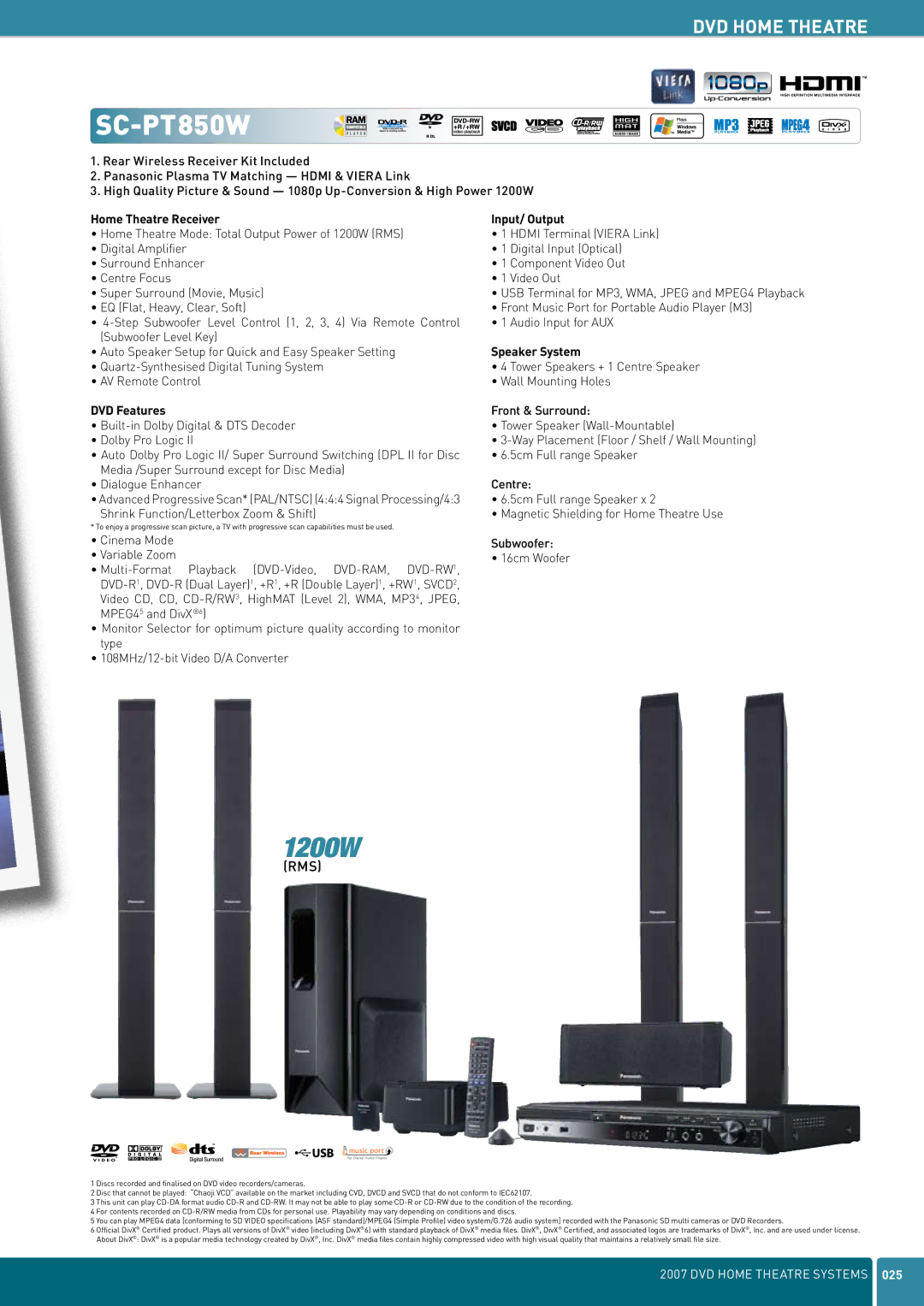 Panasonic DVD Home Theatre System manual Home Theatre Receiver Input/ Output, Speaker System, DVD Features 