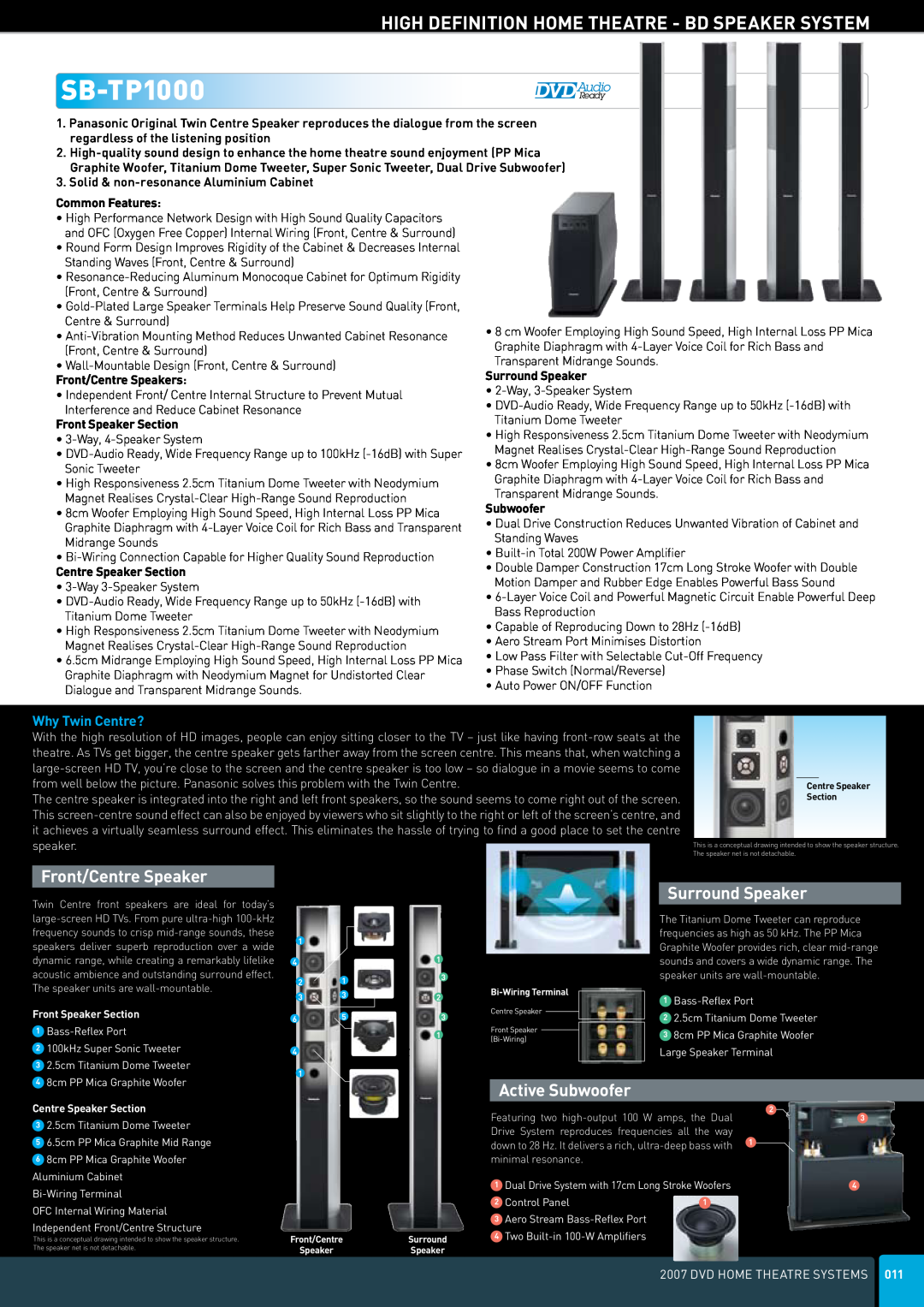 Panasonic DVD Home Theatre System manual SB-TP1000, High Definition Home Theatre - Bd Speaker System, Front/Centre Speaker 