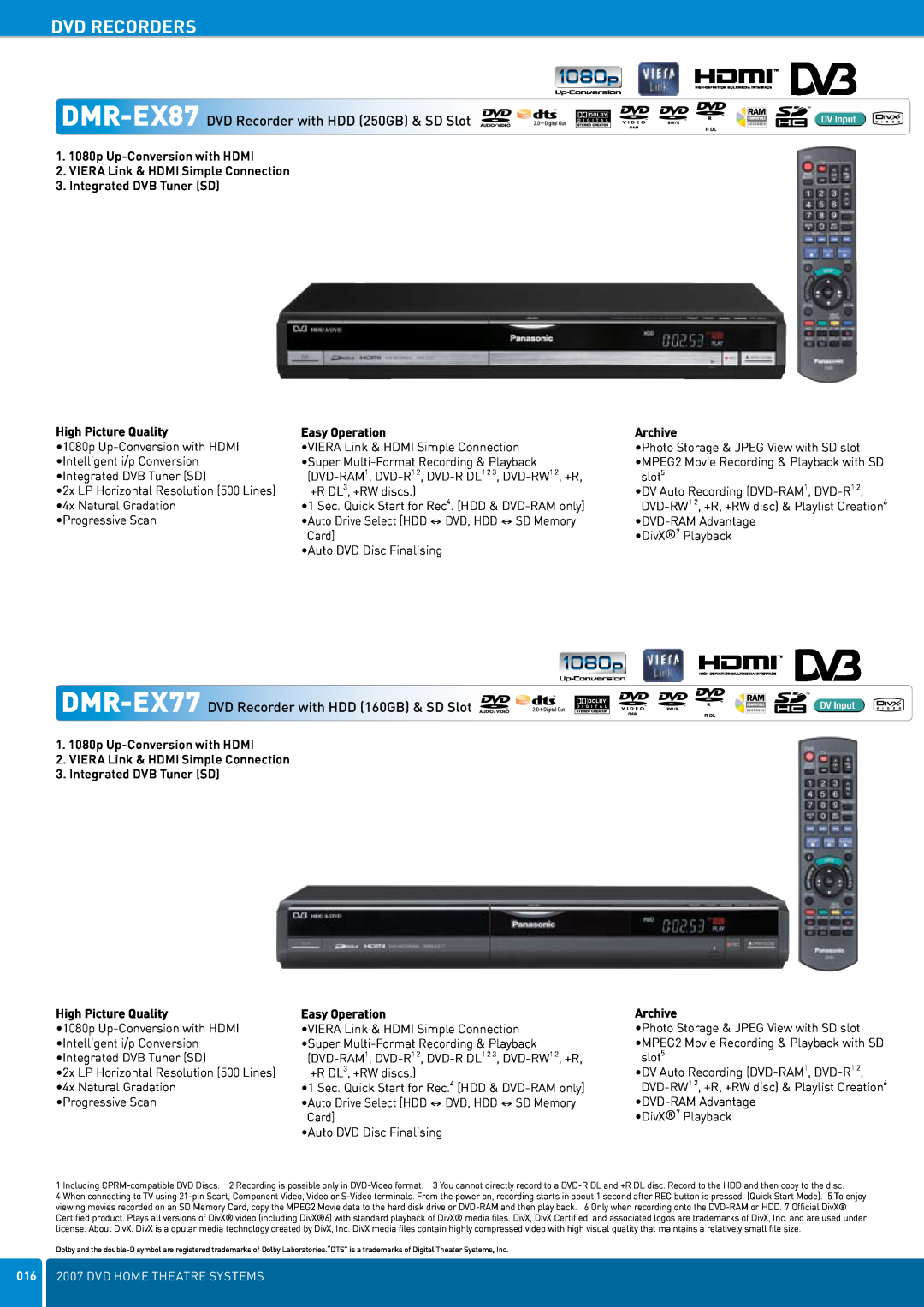 Panasonic DVD Home Theatre System Dvd Recorders, DMR-EX87 DVD Recorder with HDD 250GB & SD Slot, High Picture Quality 
