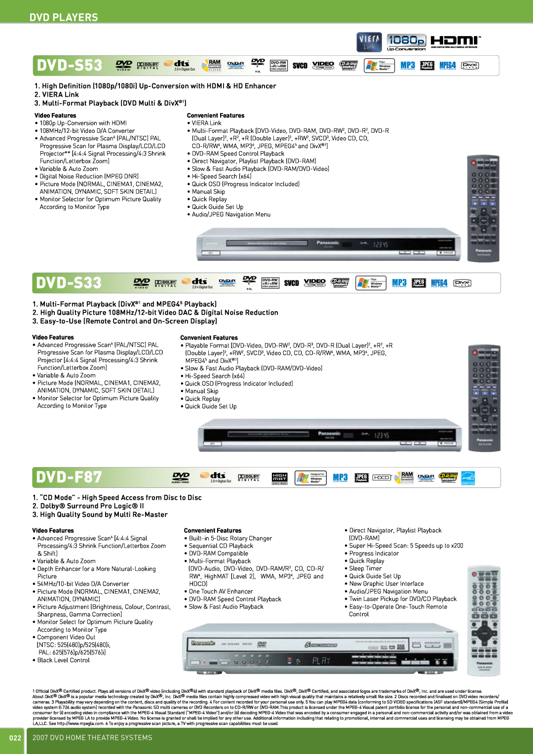 Panasonic DVD Home Theatre System manual DVD-S53, DVD-S33, DVD-F87, Dvd Players 