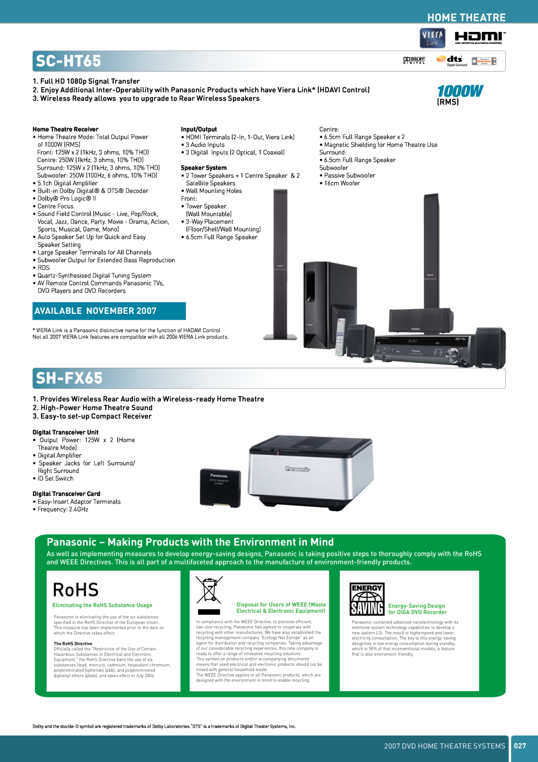 Panasonic DVD Home Theatre System SC-HT65, SH-FX65, Panasonic - Making Products with the Environment in Mind, RoHS, 1000W 