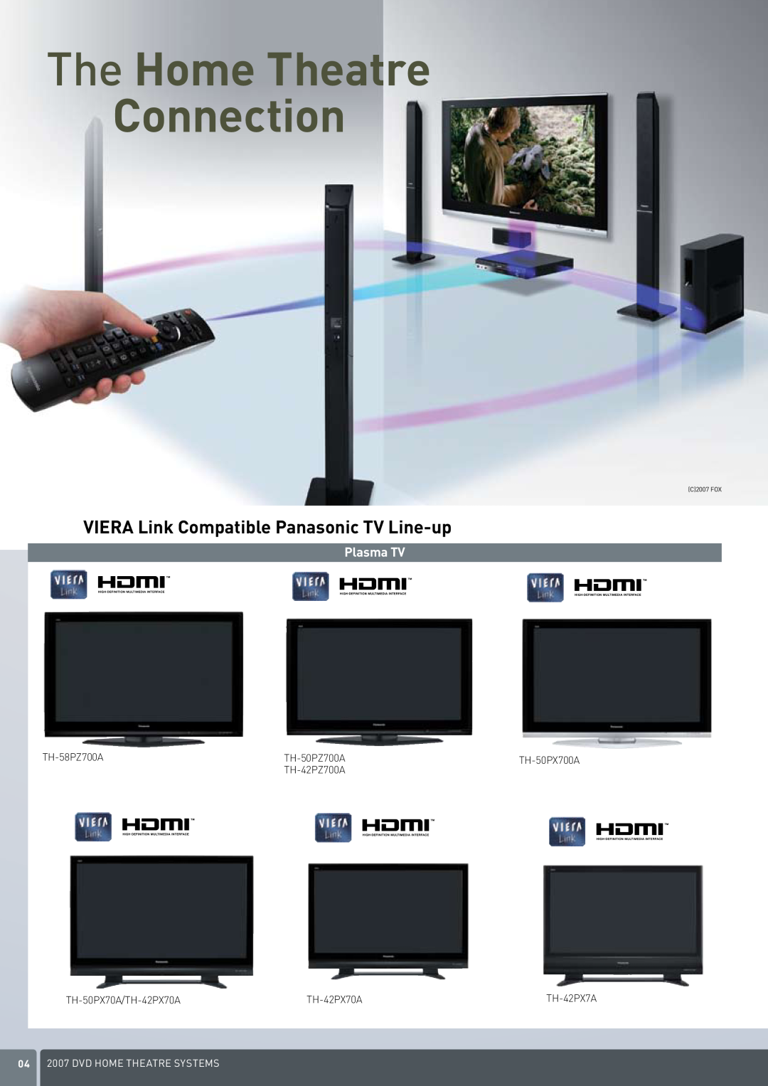 Panasonic DVD Home Theatre System manual Viera Link, Plasma TV, The Home Theatre Connection, C2007 FOX 