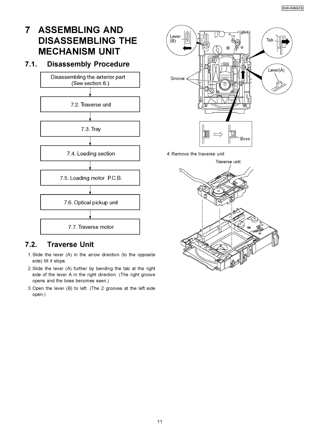 Panasonic DVD-K29GCS specifications Assembling and Disassembling the Mechanism Unit, Disassembly Procedure, Traverse Unit 