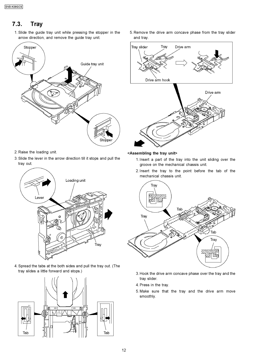 Panasonic DVD-K29GCS specifications Tray, Assembling the tray unit 