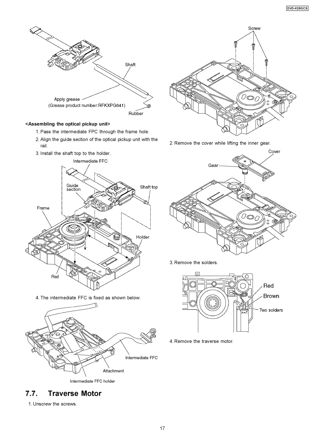 Panasonic DVD-K29GCS specifications Traverse Motor, Assembling the optical pickup unit 