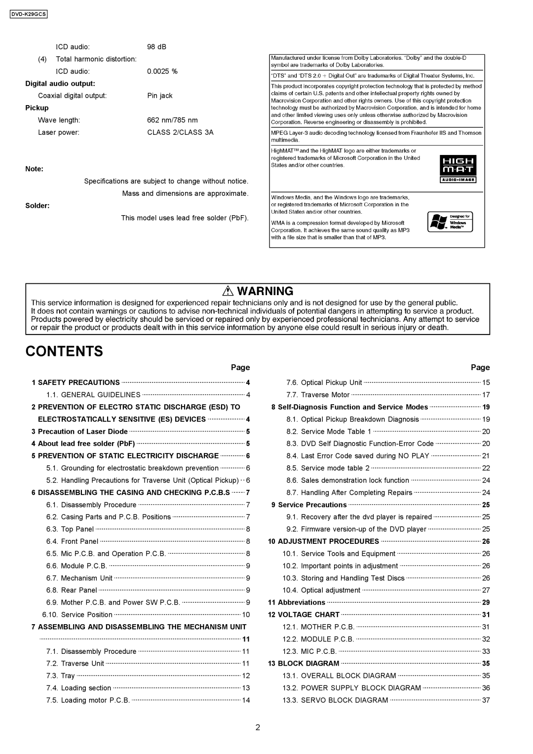 Panasonic DVD-K29GCS specifications Contents 