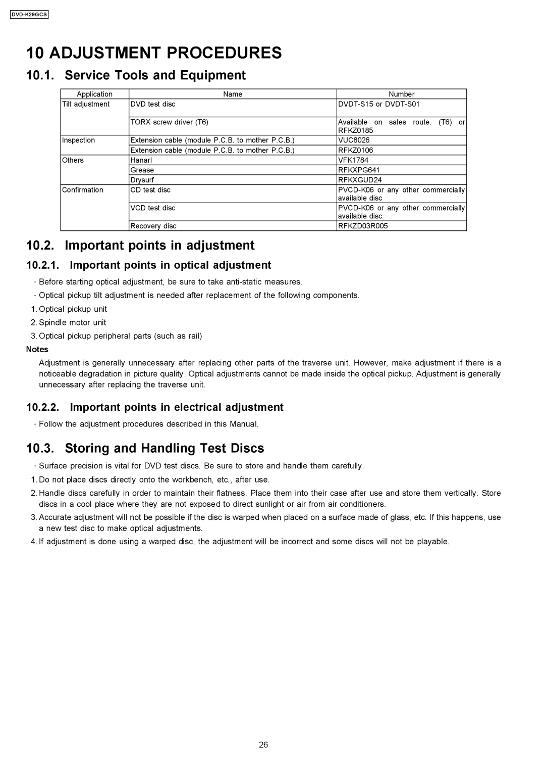 Panasonic DVD-K29GCS specifications Adjustment Procedures, Service Tools and Equipment, Important points in adjustment 