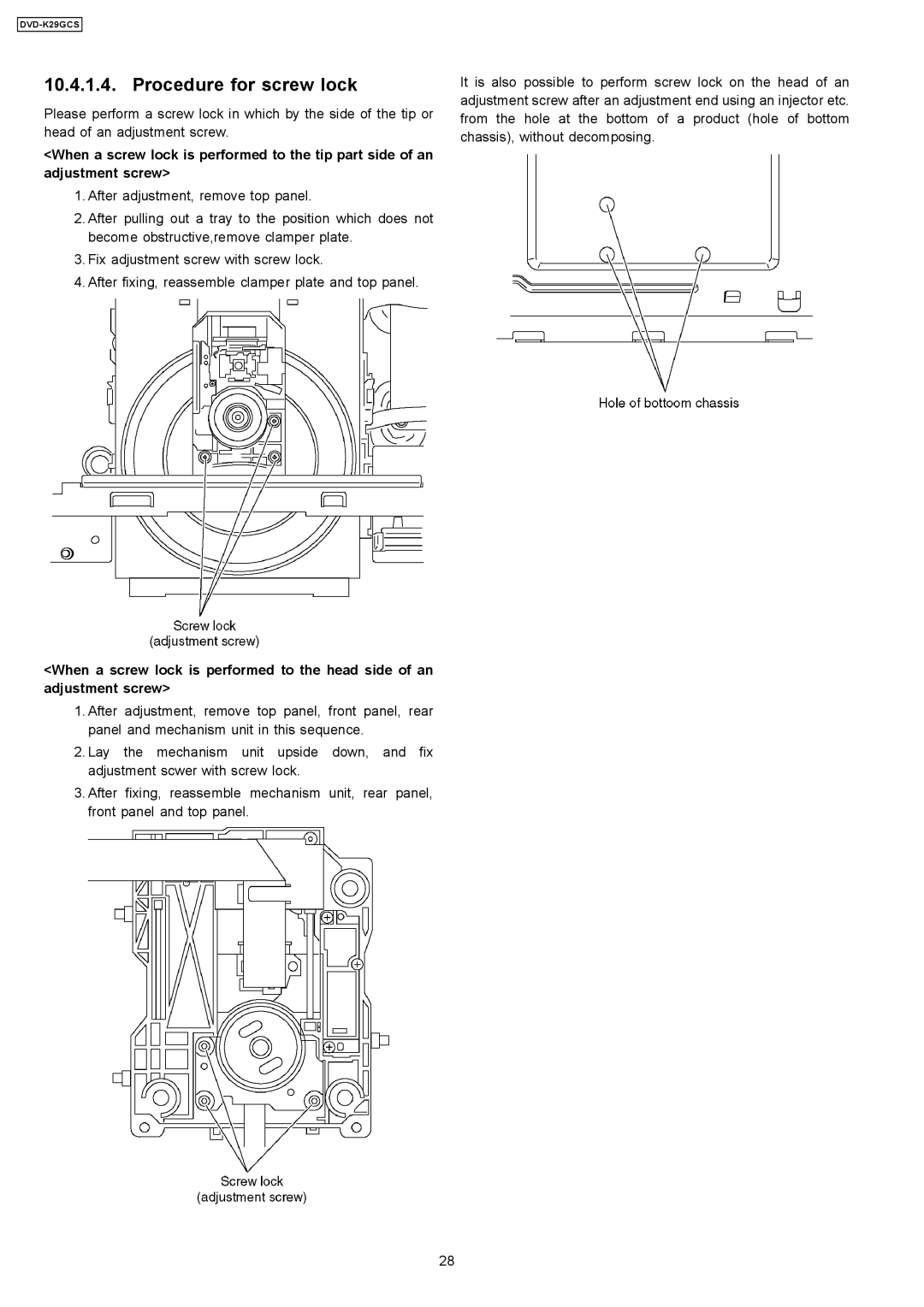 Panasonic DVD-K29GCS specifications Procedure for screw lock 