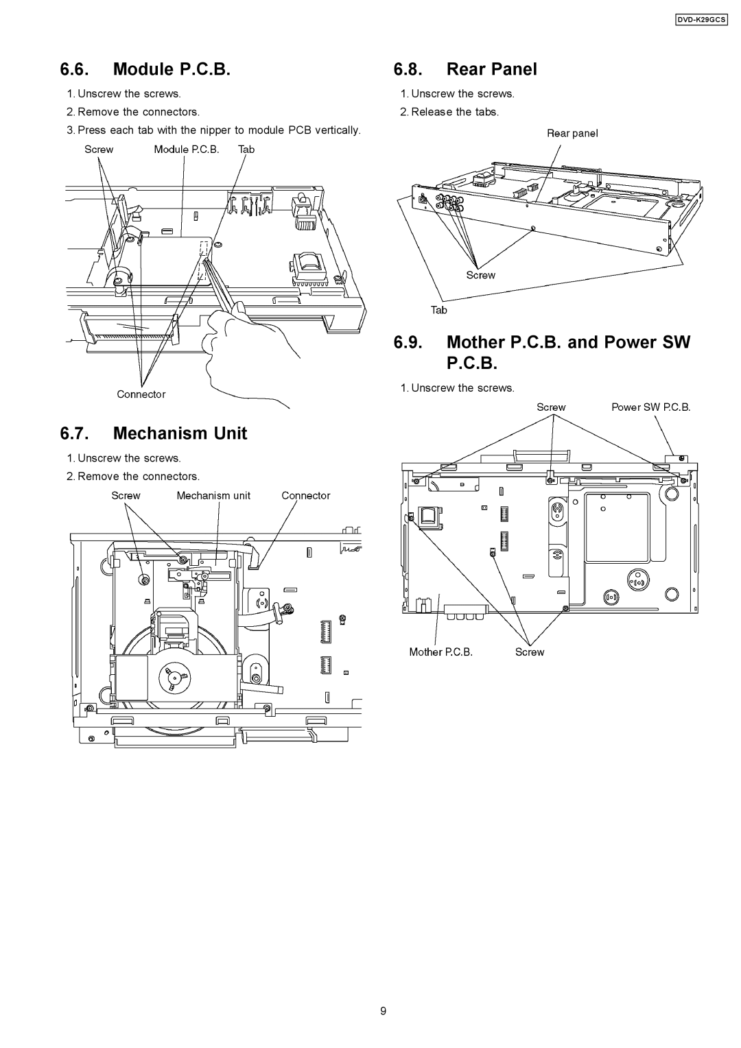 Panasonic DVD-K29GCS specifications Module P.C.B Rear Panel, Mother P.C.B. and Power SW P.C.B, Mechanism Unit 