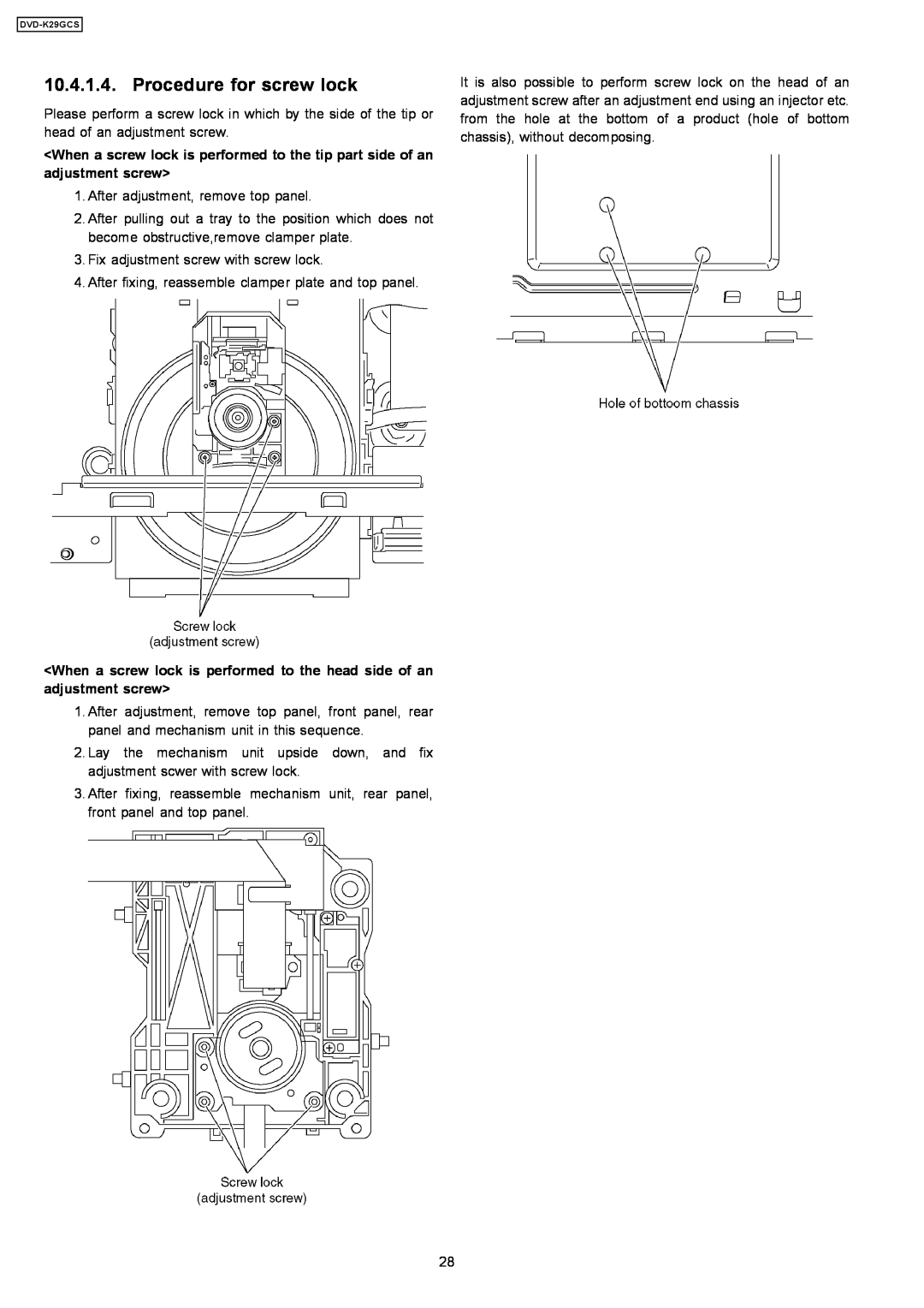 Panasonic DVD-K29GCS specifications Procedure for screw lock 