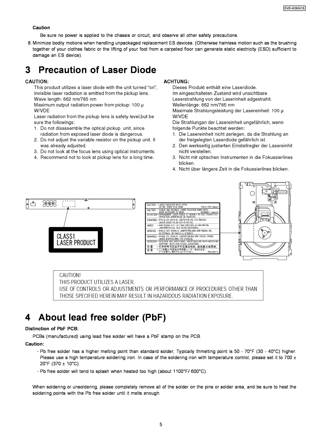 Panasonic DVD-K29GCS specifications Precaution of Laser Diode, About lead free solder PbF, Distinction of PbF PCB 