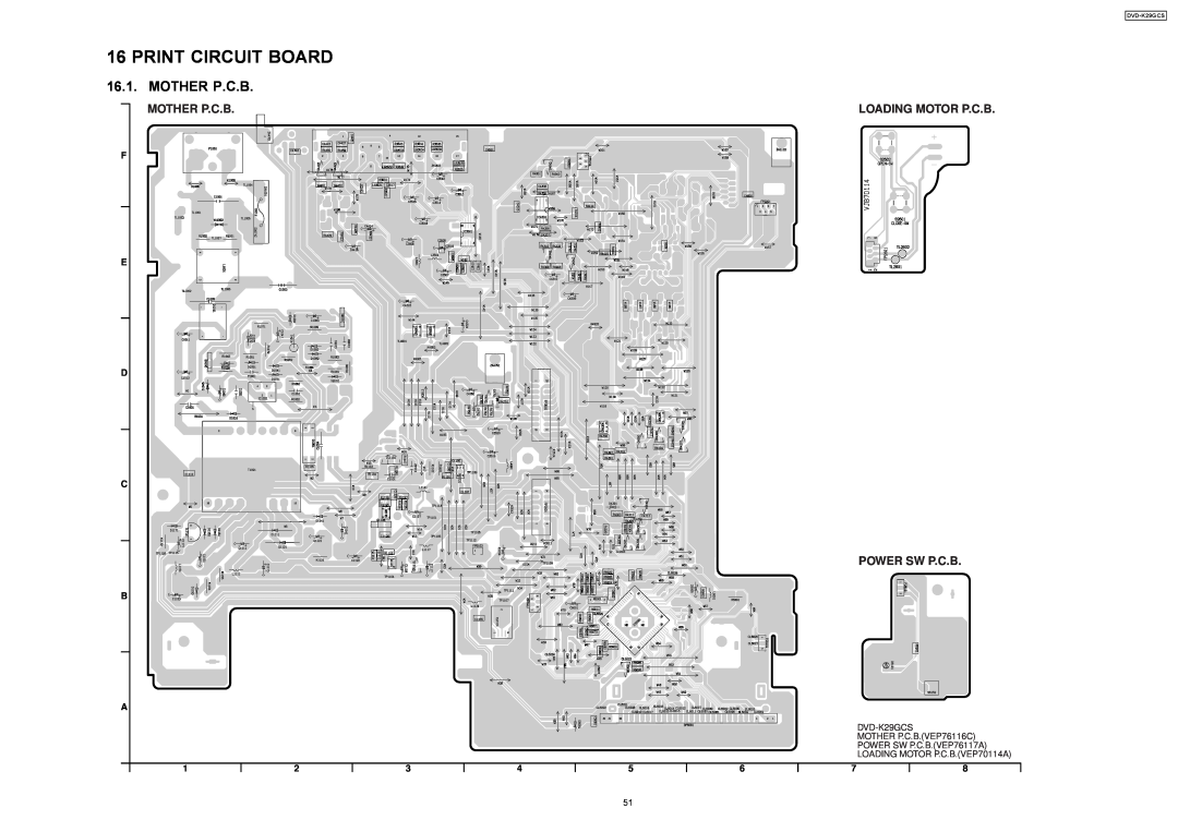 Panasonic DVD-K29GCS specifications Print Circuit Board, Mother P.C.B, Loading Motor P.C.B, Power Sw P.C.B 