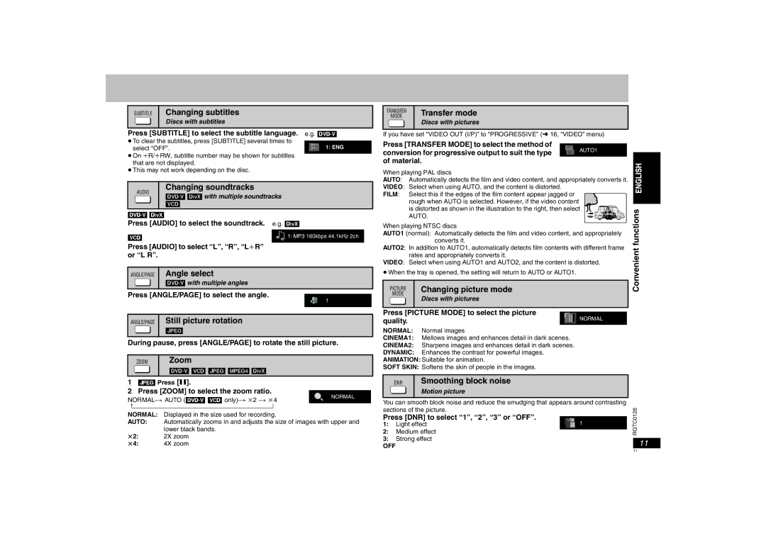 Panasonic DVD-K33 Subtitle Changing subtitles, Transfer mode, Changing soundtracks, ANGLE/PAGE Angle select, Zoom 