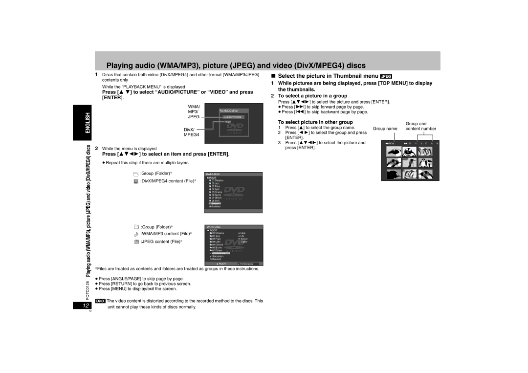 Panasonic DVD-K33 operating instructions Select the picture in Thumbnail menu Jpeg, Discs 