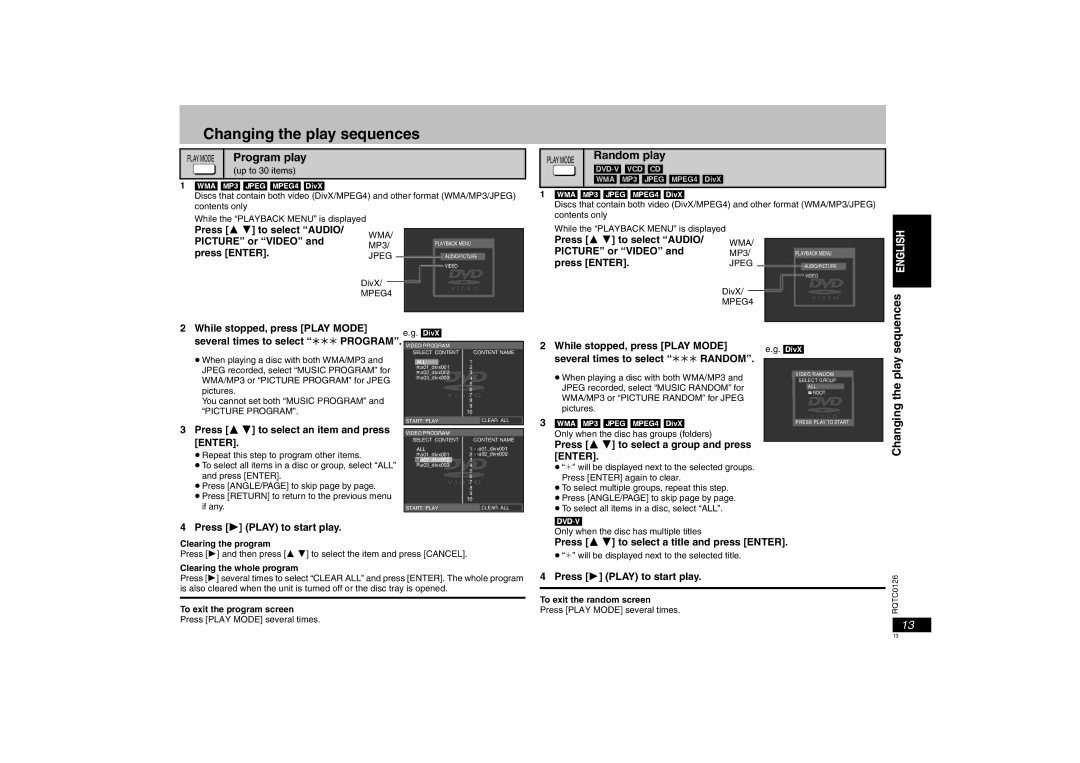 Panasonic DVD-K33 operating instructions Changing the play sequences, Play Mode Program play, Random play, Sequences 