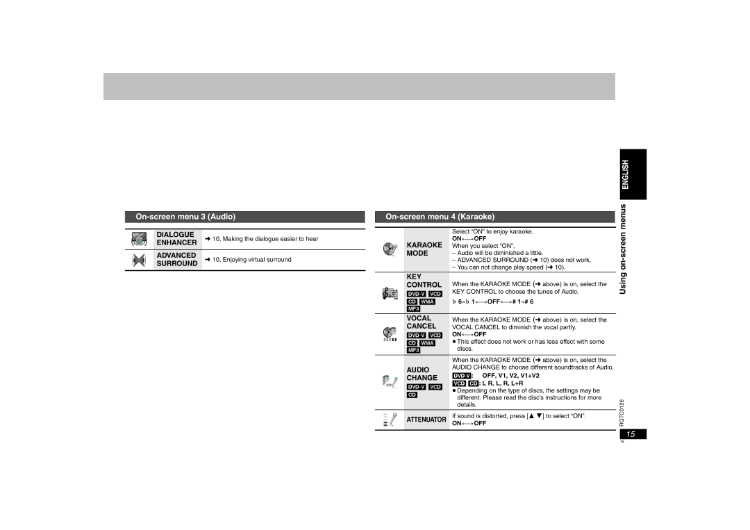 Panasonic DVD-K33 operating instructions On-screen menu 3 Audio, On-screen menu 4 Karaoke, Menus, Using, Attenuator Onoff 