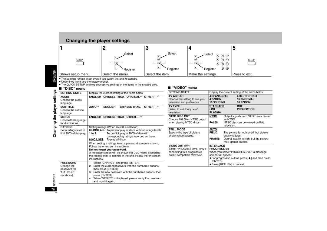 Panasonic DVD-K33 operating instructions Changing the player settings, Disc menu, Video menu 