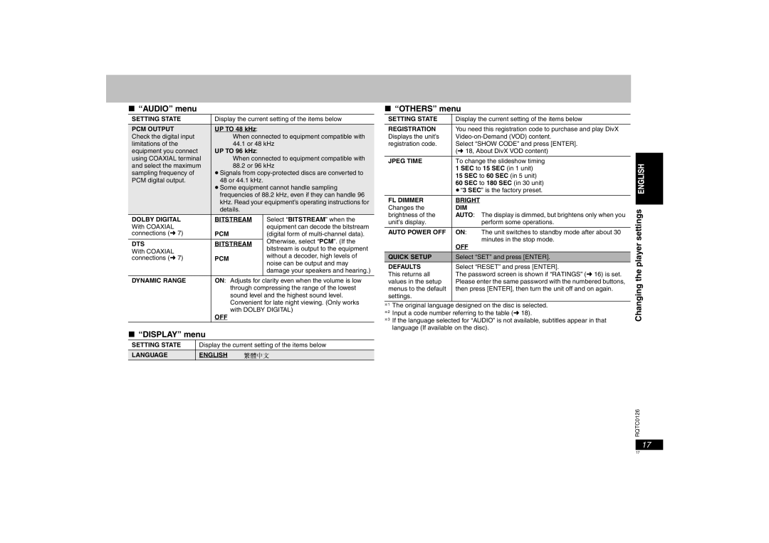 Panasonic DVD-K33 operating instructions Audio menu, Display menu, Others menu 