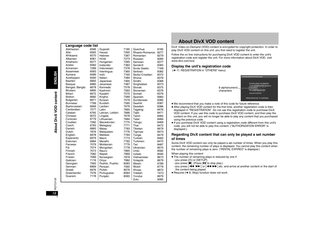 Panasonic DVD-K33 operating instructions About DivX VOD content, Language code list, Display the unit’s registration code 