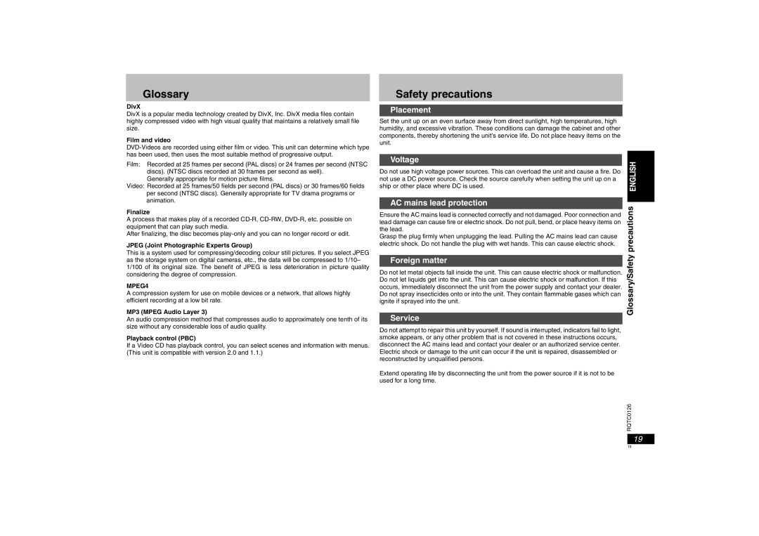 Panasonic DVD-K33 operating instructions Glossary, Safety precautions 