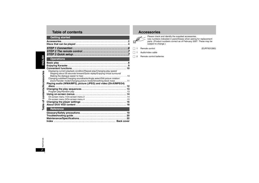 Panasonic DVD-K33 operating instructions Table of contents, Accessories 