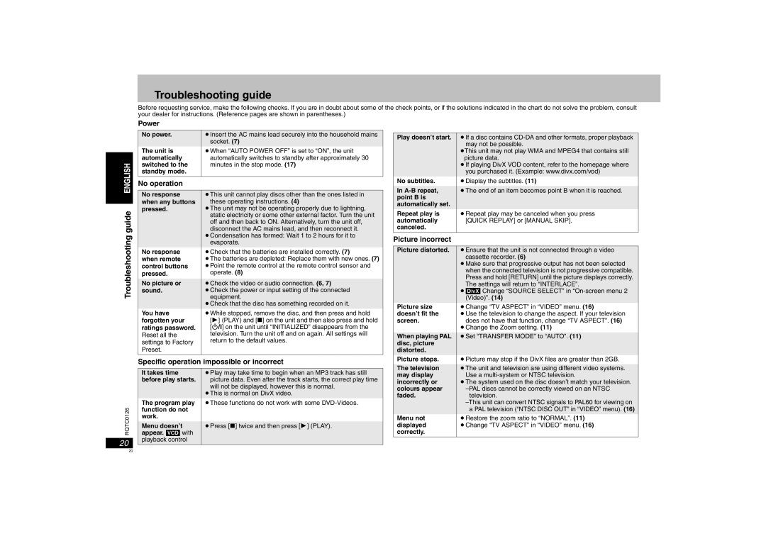 Panasonic DVD-K33 Troubleshooting guide, Power, No operation, Specific operation impossible or incorrect 