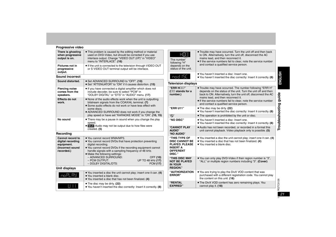 Panasonic DVD-K33 operating instructions Progressive video, Sound incorrect, Television displays, Recording, Unit displays 