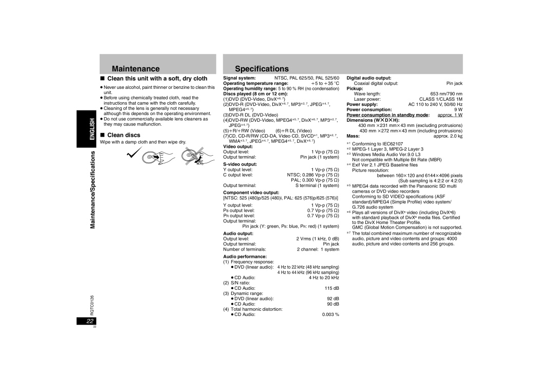 Panasonic DVD-K33 operating instructions Maintenance Specifications, Clean this unit with a soft, dry cloth, Clean discs 