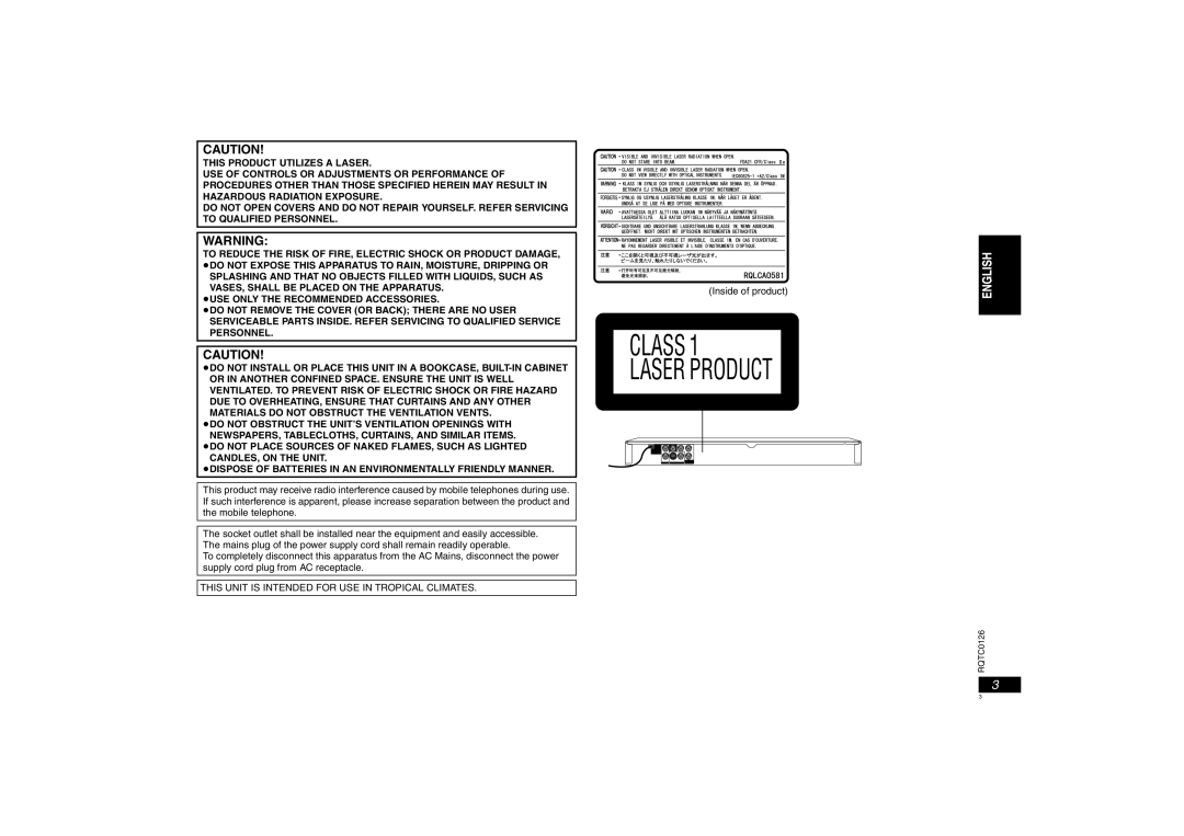 Panasonic DVD-K33 operating instructions Class Laser Product 