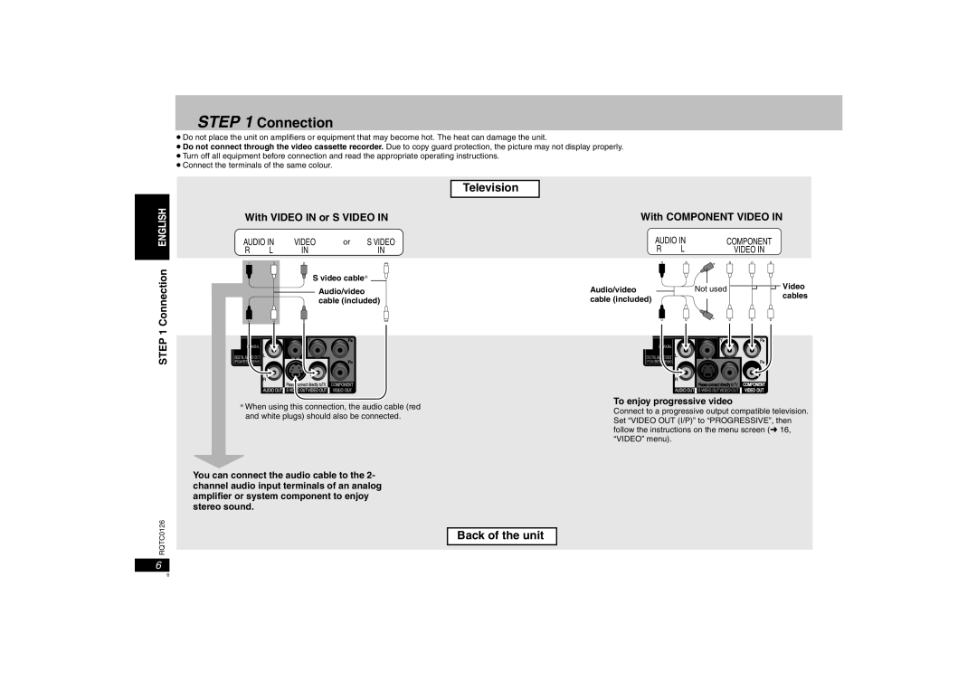 Panasonic DVD-K33 Connection, With Video in or S Video With Component Video, To enjoy progressive video 