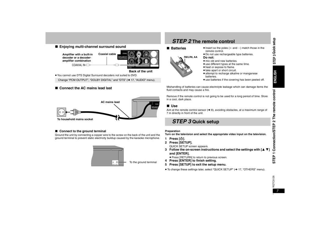 Panasonic DVD-K33 operating instructions Remote control, Quick setup 