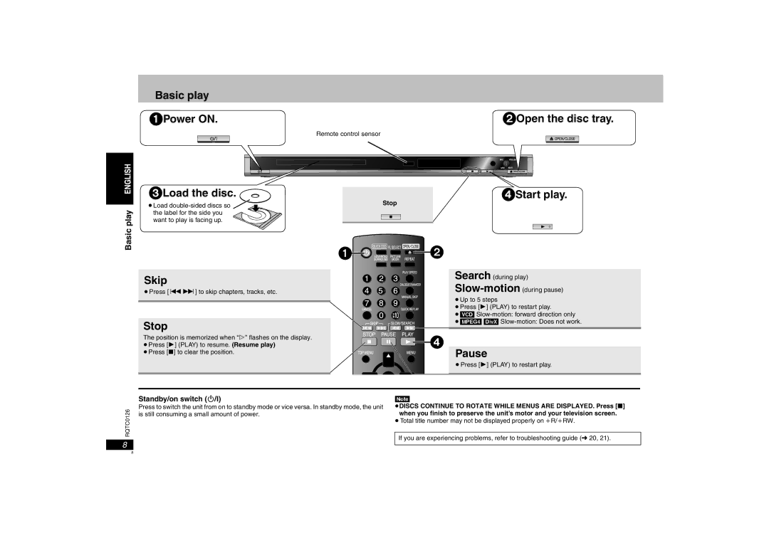 Panasonic DVD-K33 operating instructions Basic play 1Power on 2Open the disc tray, 3Load the disc 4Start play, Skip, Stop 