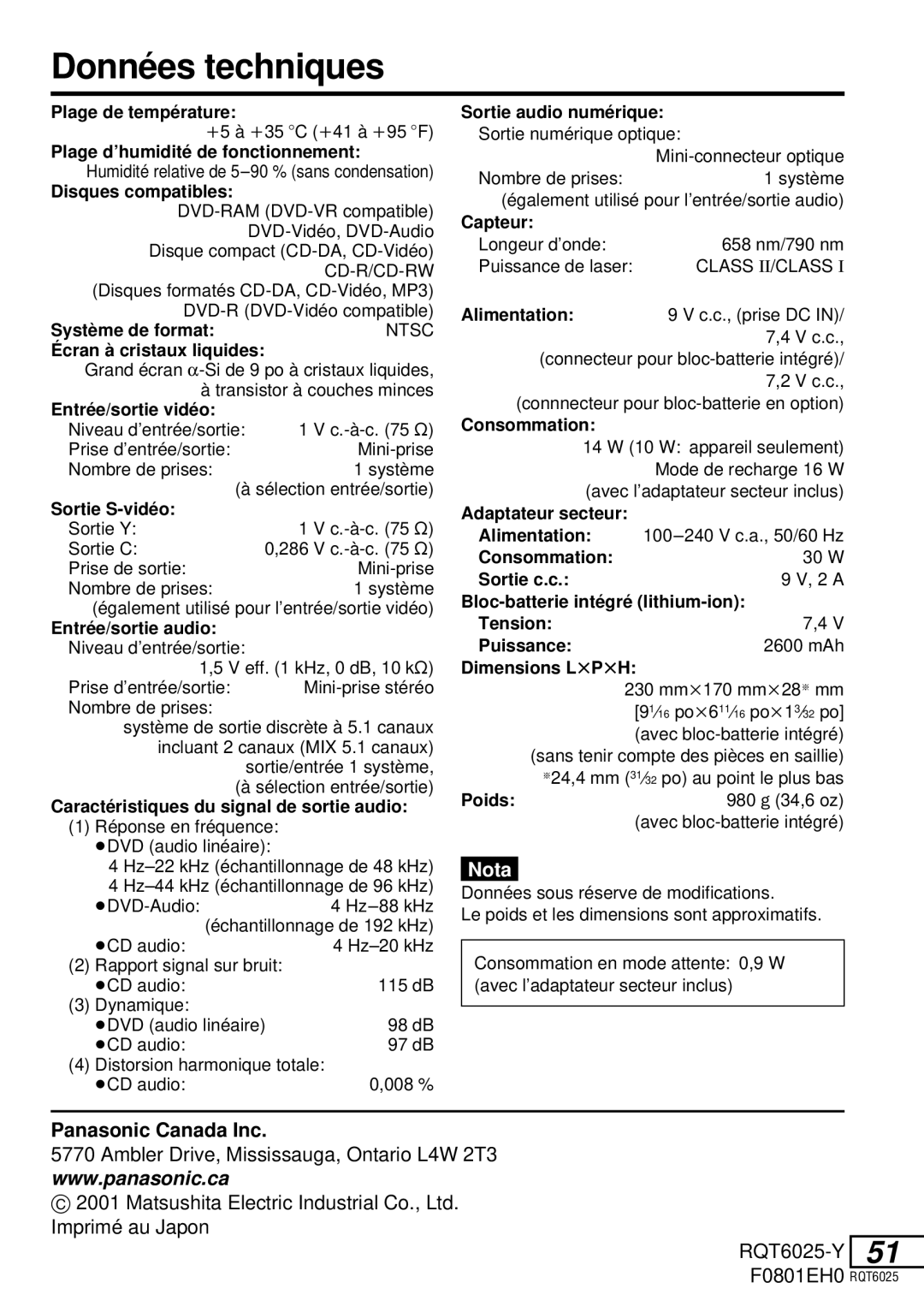 Panasonic DVD-LA95 operating instructions Données techniques, Disques compatibles 