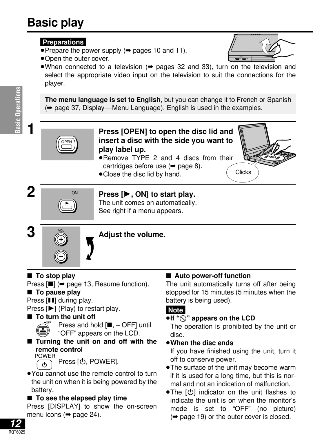 Panasonic DVD-LA95 Basic play, Press Open to open the disc lid, Insert a disc with the side you want to Play label up 