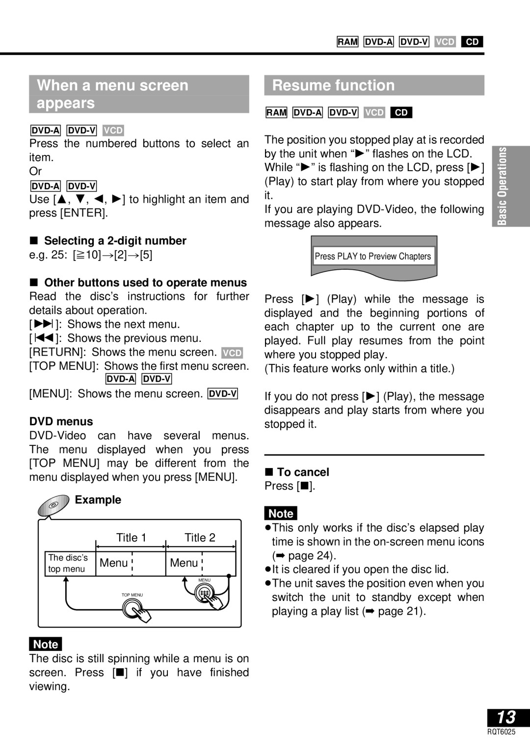 Panasonic DVD-LA95 operating instructions When a menu screen Appears, Resume function, DVD menus, To cancel Press 