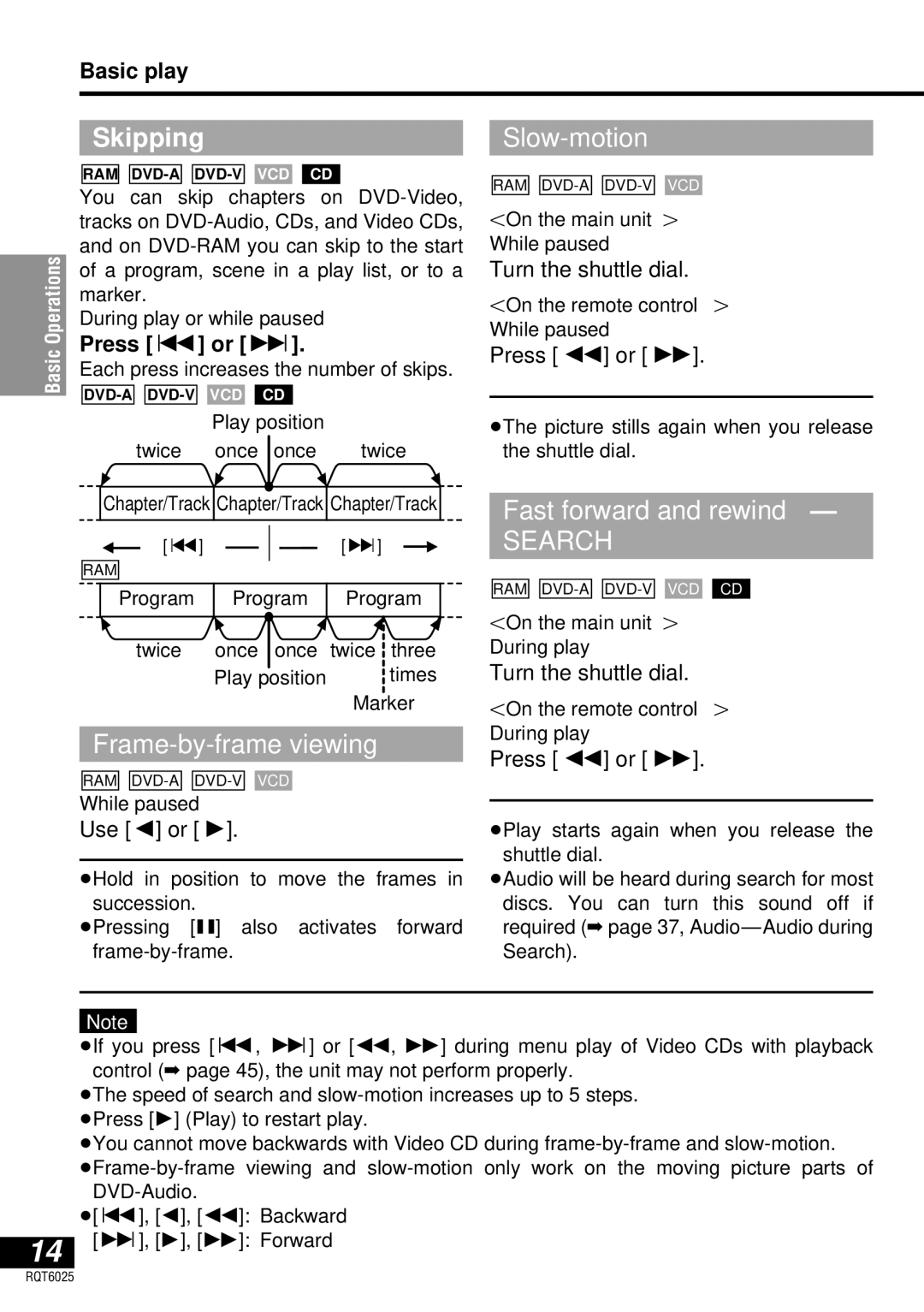 Panasonic DVD-LA95 operating instructions Skipping, Frame-by-frame viewing, Slow-motion, Fast forward and rewind 