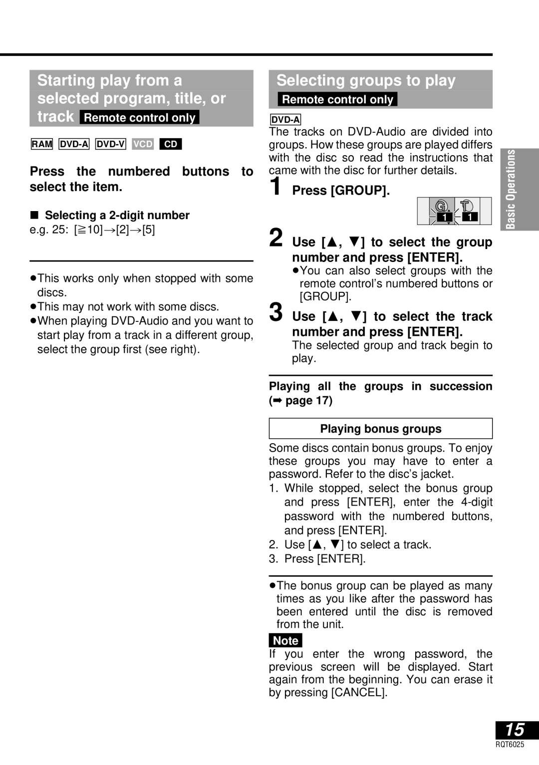 Panasonic DVD-LA95 Starting play from a selected program, title, or track, Selecting groups to play, Remote control only 