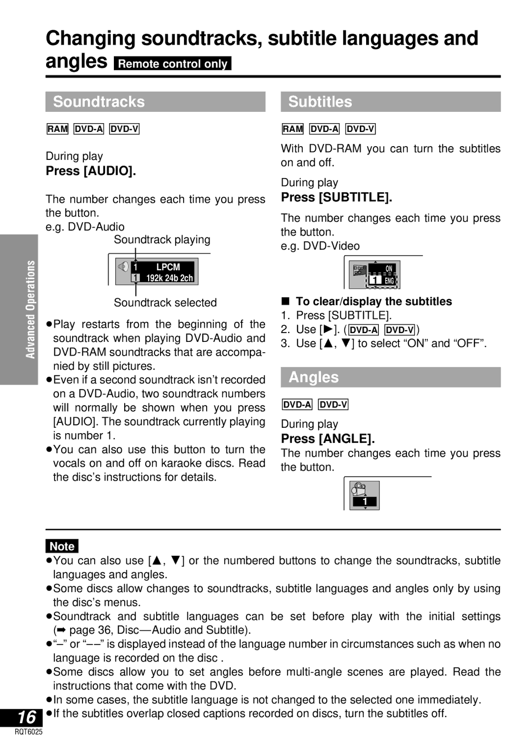 Panasonic DVD-LA95 operating instructions Changing soundtracks, subtitle languages and angles, SoundtracksSubtitles, Angles 