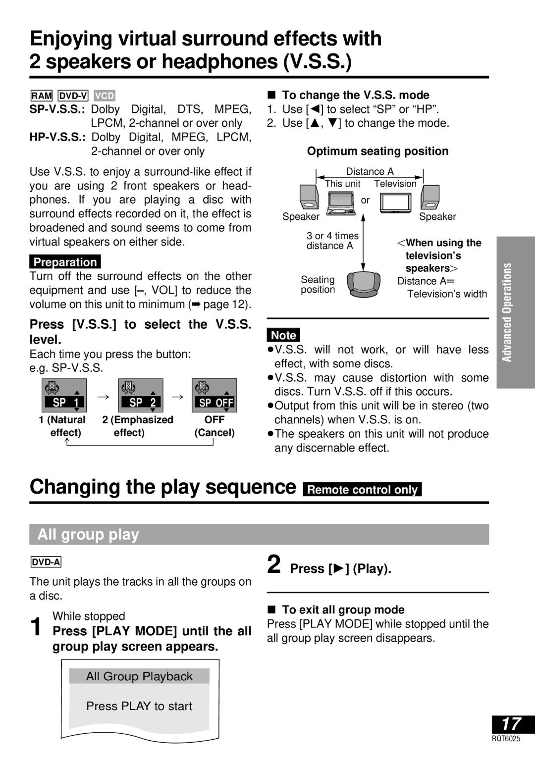 Panasonic DVD-LA95 Changing the play sequence Remote control only, All group play, Press V.S.S. to select the V.S.S. level 