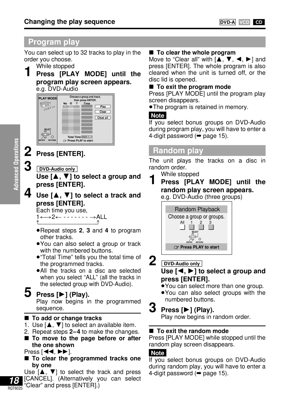 Panasonic DVD-LA95 operating instructions Program play, Random play 