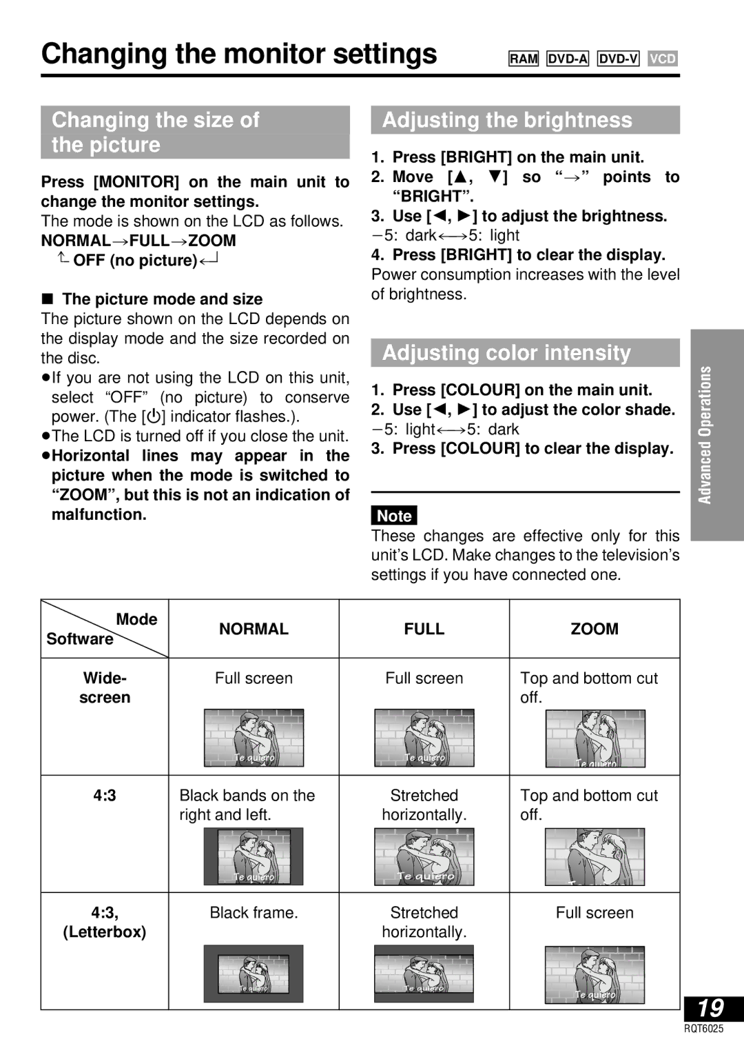 Panasonic DVD-LA95 Changing the monitor settings, Changing the size Picture, Adjusting the brightness 