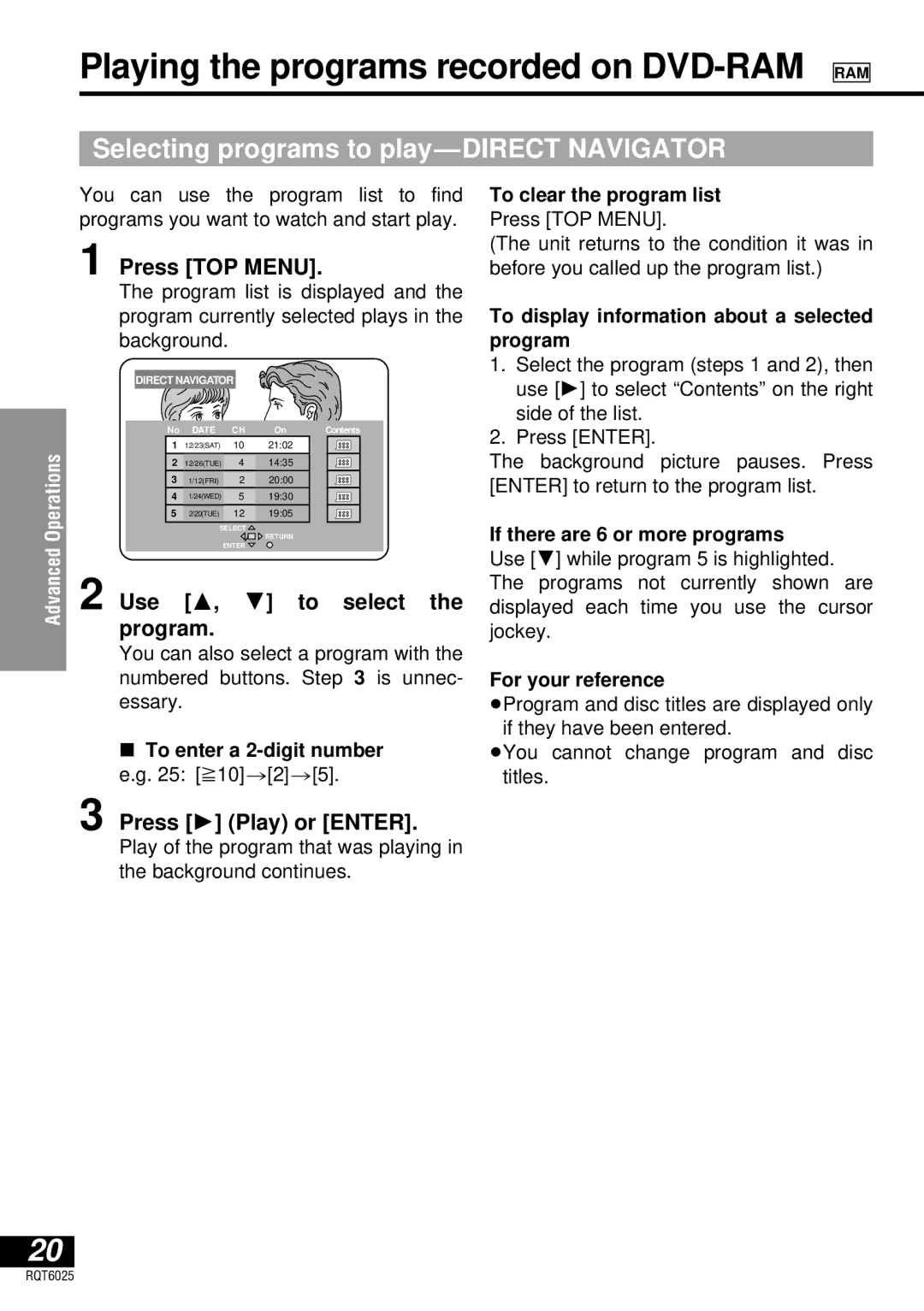 Panasonic DVD-LA95 Playing the programs recorded on DVD-RAM RAM, Selecting programs to play-DIRECT Navigator 